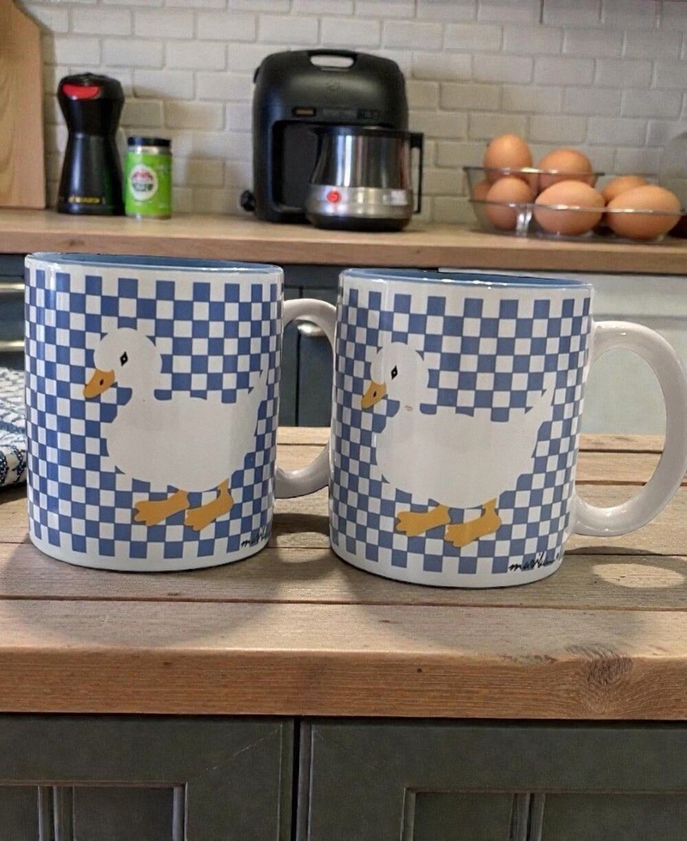 Vintage 90's 2 K.I.C. Duck/Goose Coffee Cups Mug Blue White cottage core country